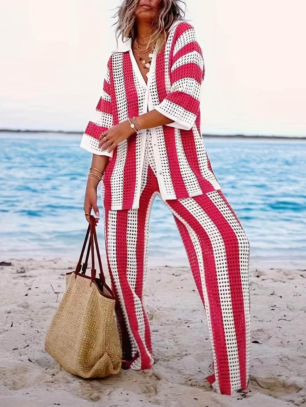 Reyanna™ | Loose V-Neck Fashion Hollow Out Striped Shirt Wide Leg Pants Set