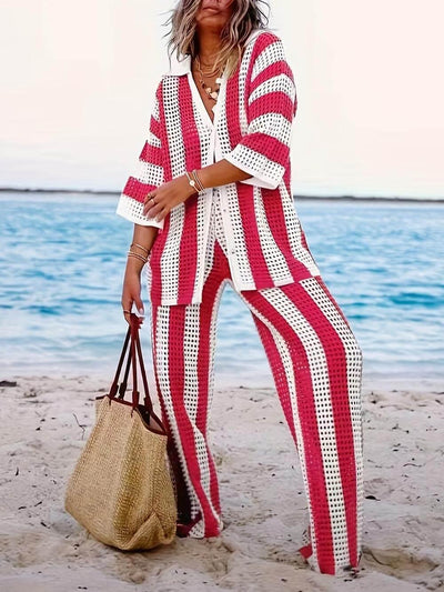 Reyanna™ | Loose V-Neck Fashion Hollow Out Striped Shirt Wide Leg Pants Set