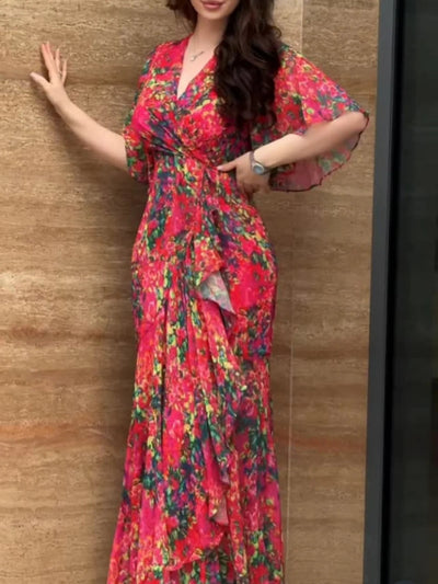 Reyanna™ | Retro V-neck trumpet sleeve printed dress