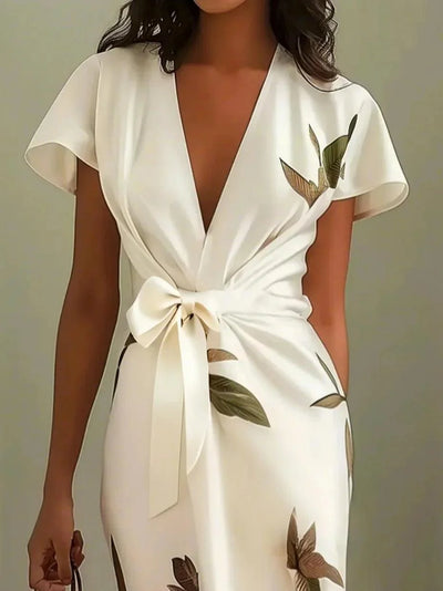 Reyanna™ | White Leaf Short Sleeve Satin Wrap Sheath Midi Dress