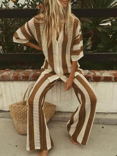 Reyanna™ | Loose V-Neck Fashion Hollow Out Striped Shirt Wide Leg Pants Set