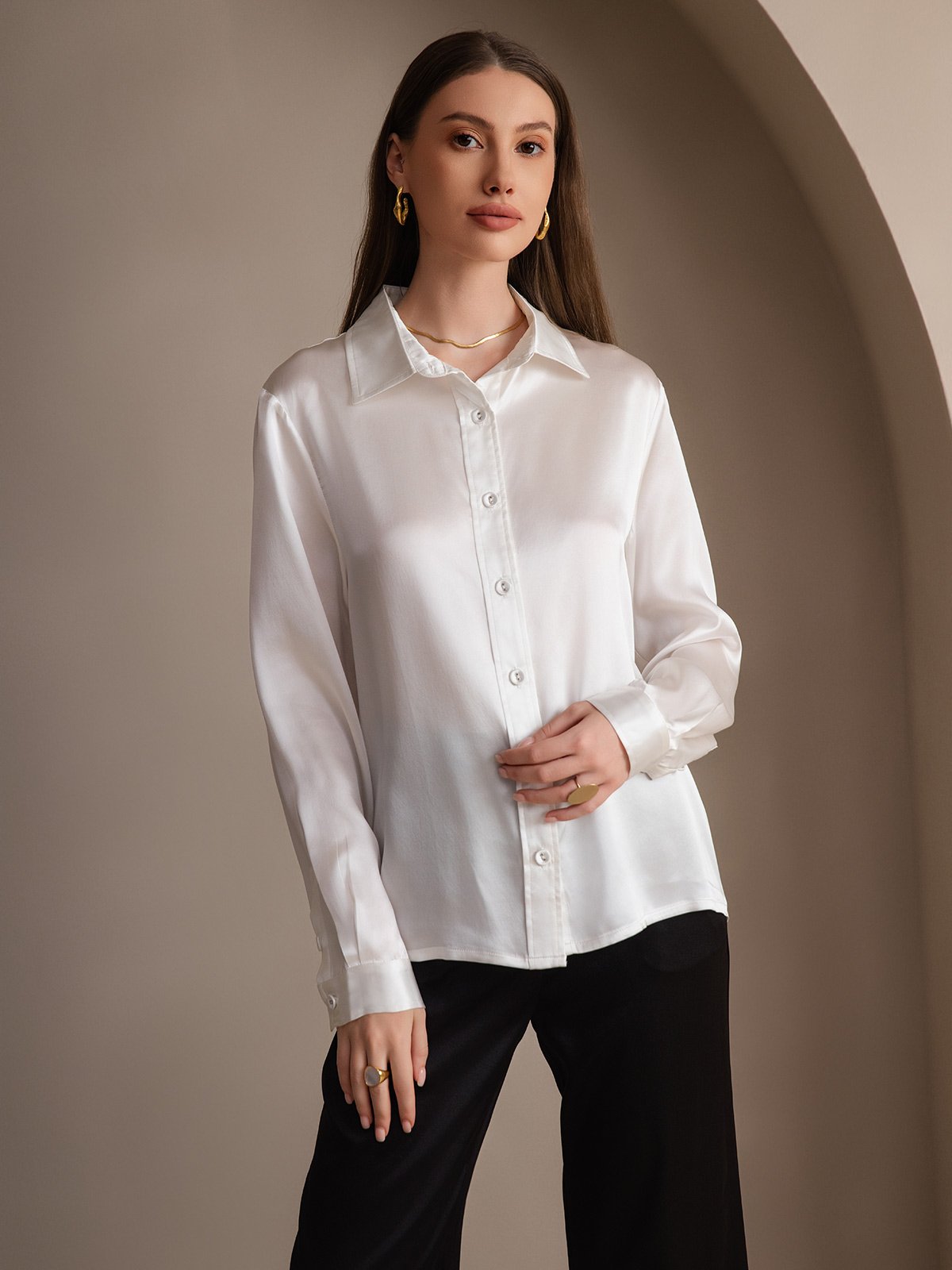Dam 19 Momme Mulberry Silke Elegant Långärmad Skjorta