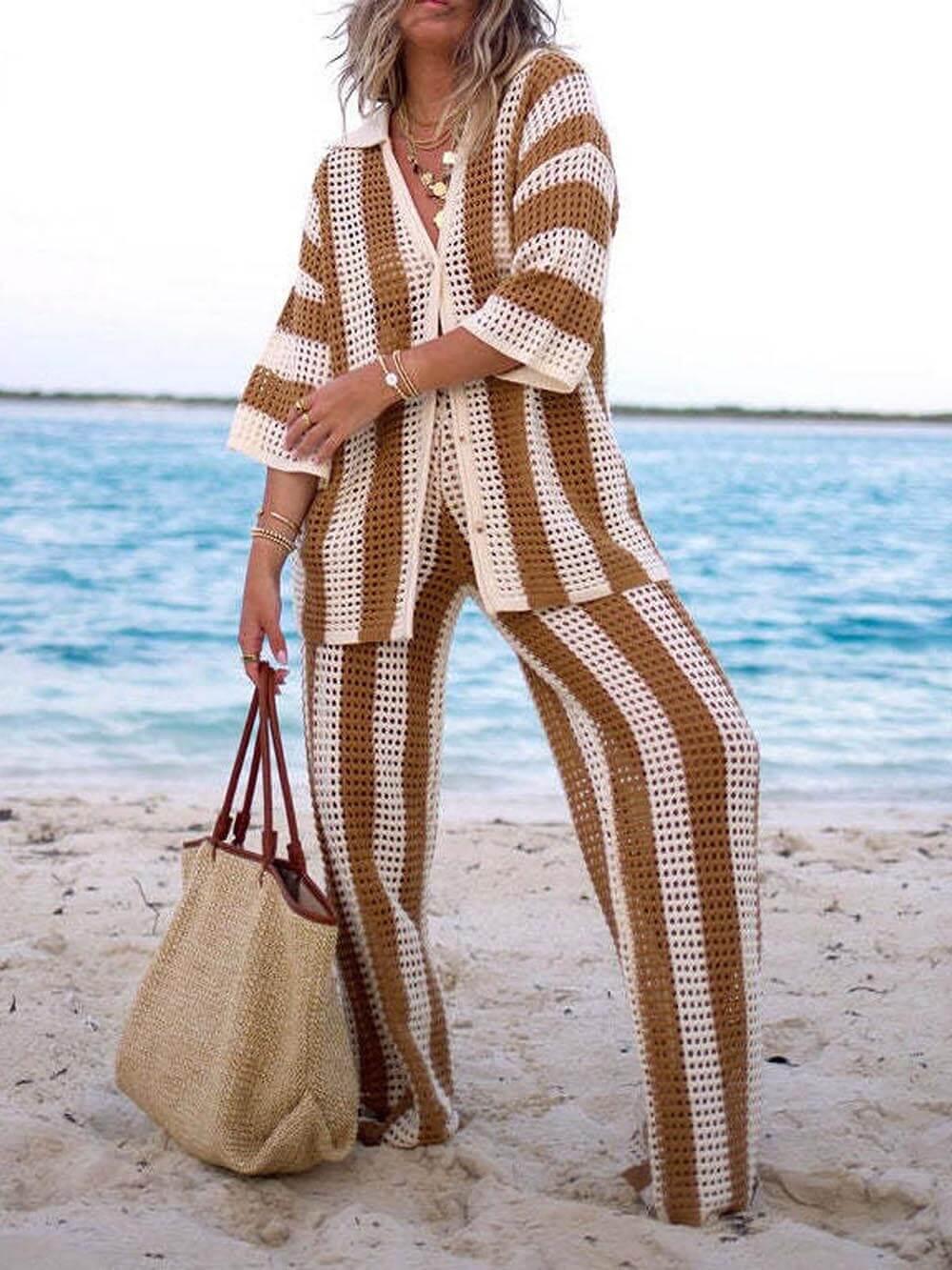Reyanna™ | Loose V-Neck Fashion Hollow Out Striped Shirt Wide Leg Pants Set