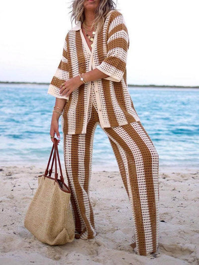 Reyanna™ | Loose V-Neck Fashion Hollow Out Striped Shirt Wide Leg Pants Set