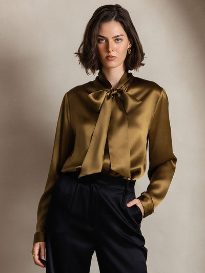 Reyanna™ | Dam 19 Momme Elegant Siden Skjorta med Knytkrage och Långa Ärmar