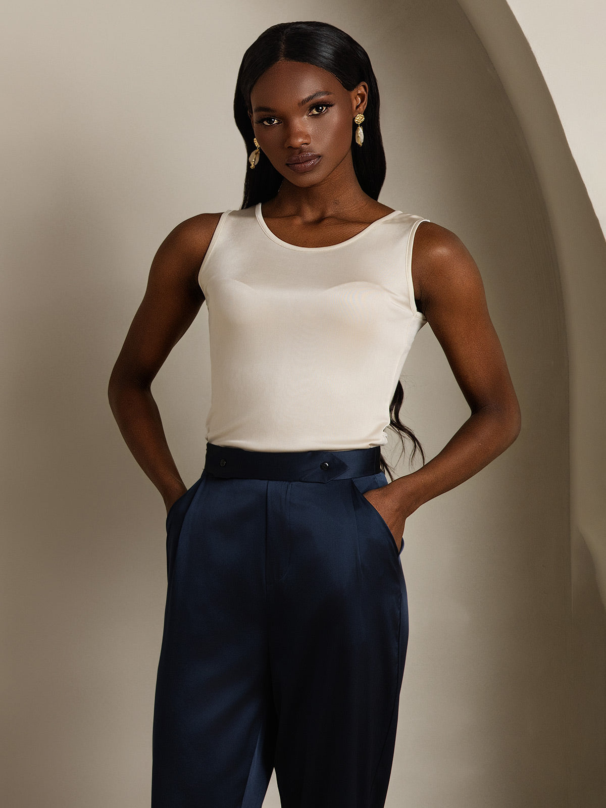 Reyanna™ | Sidenstickad Lounge Rund Halsringning Tank Top