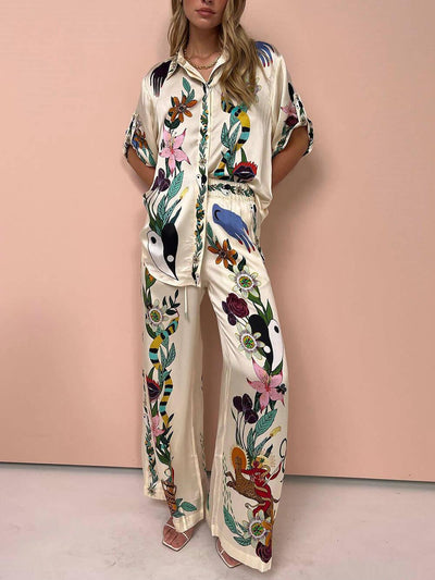 Reyanna™ | Satin Unique Print Elastic Waist Pocketed Wide Leg Pants