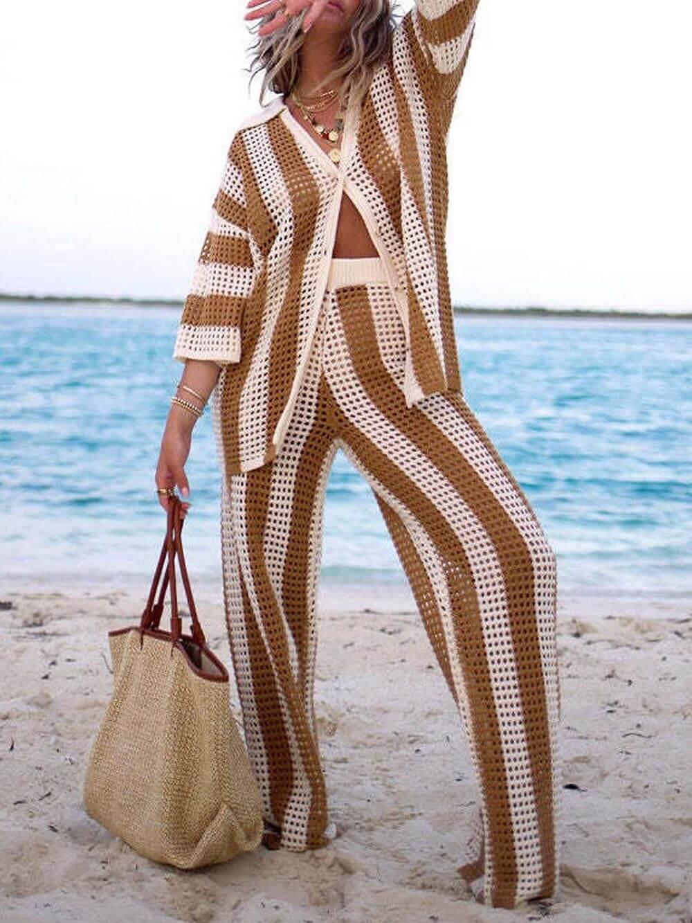 Reyanna™ | Loose V-Neck Fashion Hollow Out Striped Shirt Wide Leg Pants Set