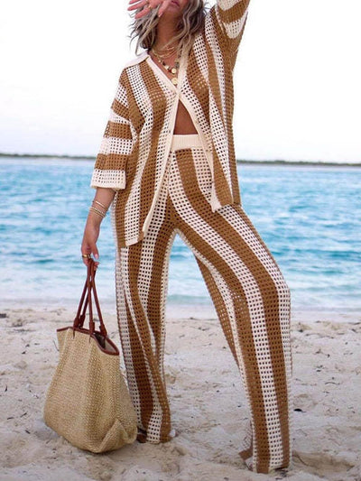 Reyanna™ | Loose V-Neck Fashion Hollow Out Striped Shirt Wide Leg Pants Set
