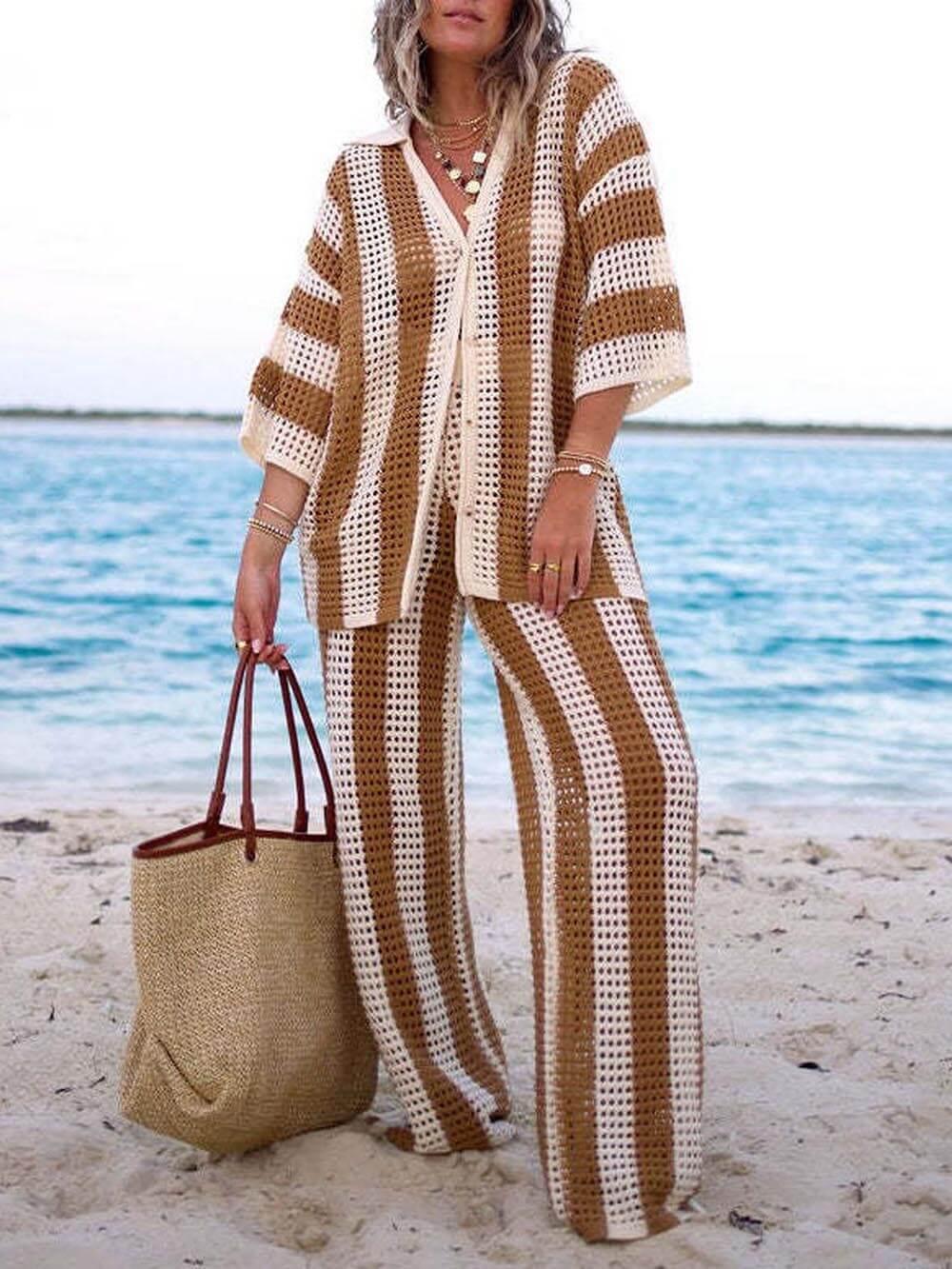 Reyanna™ | Loose V-Neck Fashion Hollow Out Striped Shirt Wide Leg Pants Set