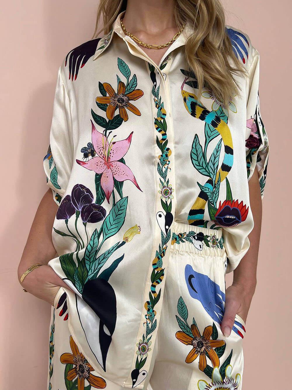 Reyanna™ | Modern Sophisticated Feel Satin Unique Print Button Down Oversized Blouse
