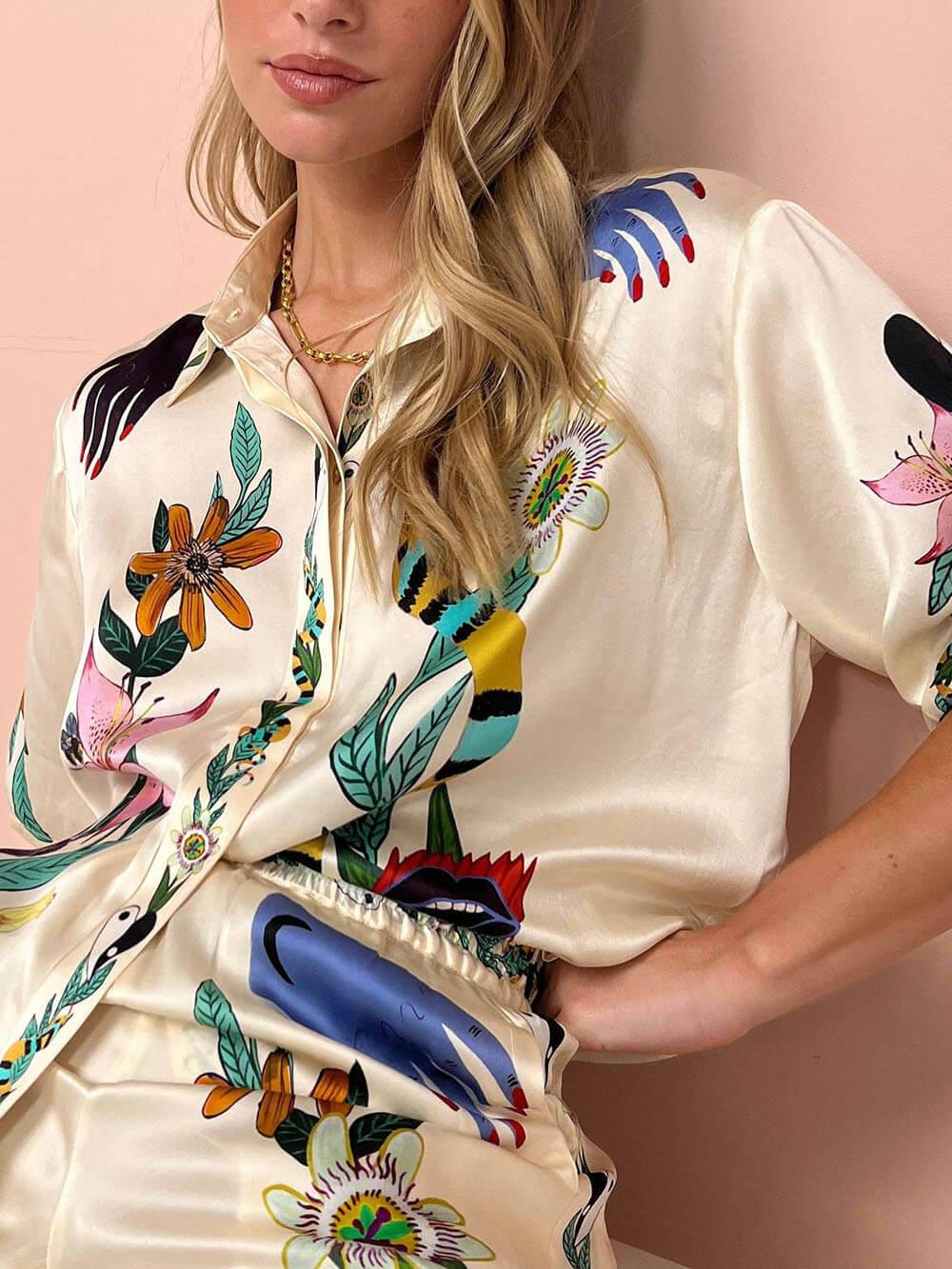 Reyanna™ | Modern Sophisticated Feel Satin Unique Print Button Down Oversized Blouse