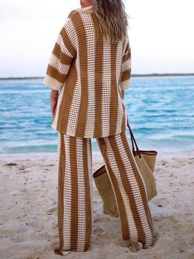 Reyanna™ | Loose V-Neck Fashion Hollow Out Striped Shirt Wide Leg Pants Set