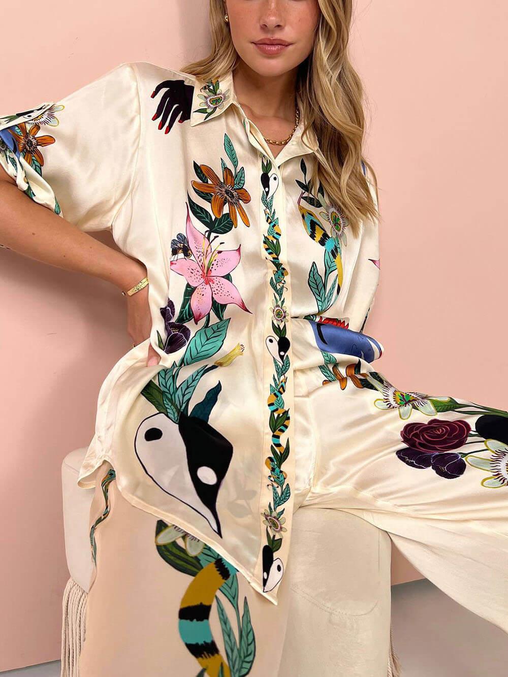 Reyanna™ | Modern Sophisticated Feel Satin Unique Print Button Down Oversized Blouse