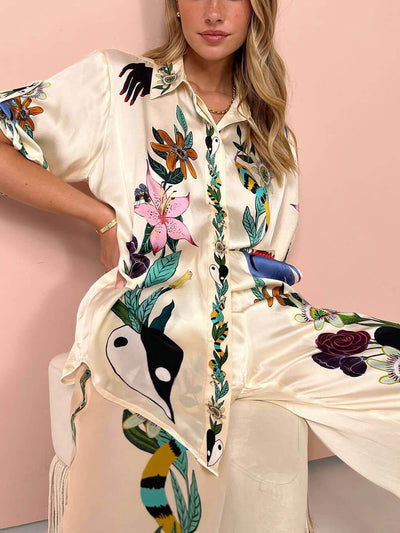Reyanna™ | Modern Sophisticated Feel Satin Unique Print Button Down Oversized Blouse
