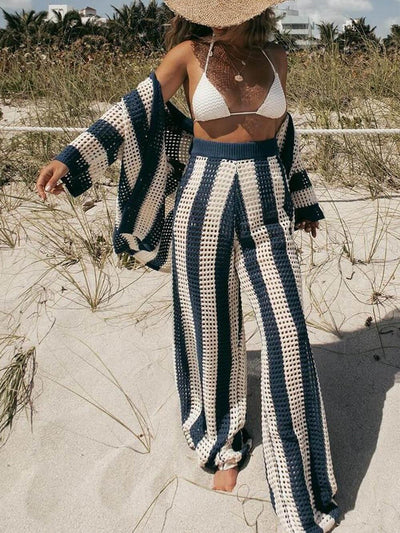 Reyanna™ | Loose V-Neck Fashion Hollow Out Striped Shirt Wide Leg Pants Set