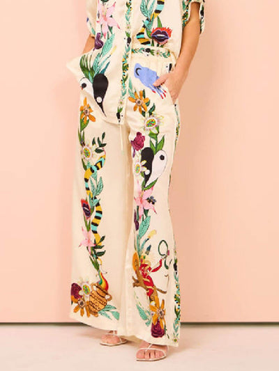 Reyanna™ | Satin Unique Print Elastic Waist Pocketed Wide Leg Pants