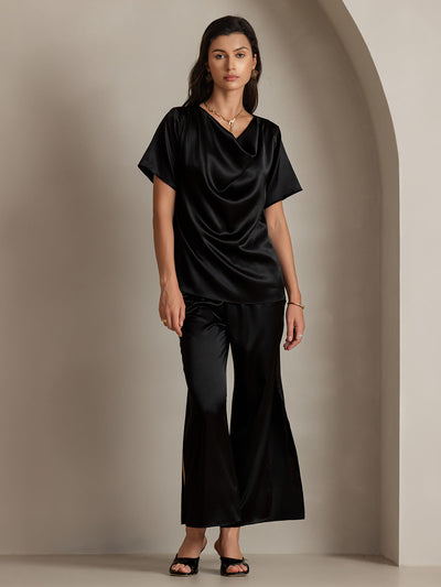Reyanna™ | Siden avslappnad cowl neck t-shirt med kort ärm