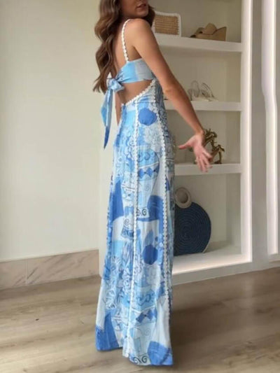 Reyanna™ | Halter Straps Lace Patchwork Printed Back Tie Halter Flare Maxi Dresses