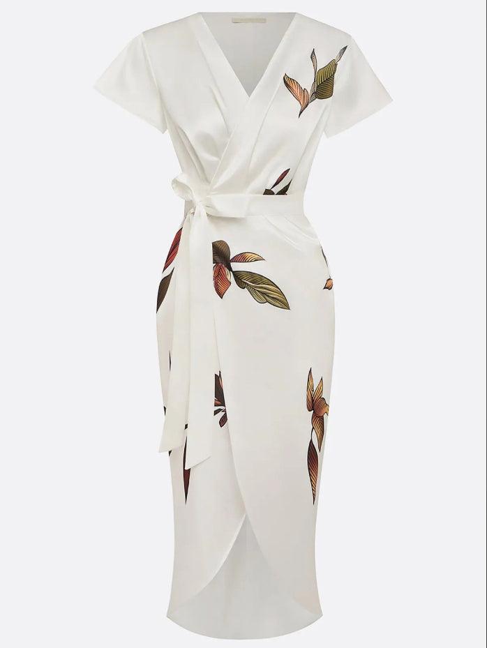 Reyanna™ | White Leaf Short Sleeve Satin Wrap Sheath Midi Dress