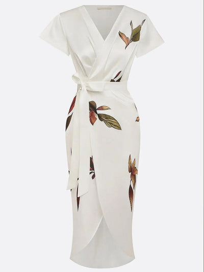 Reyanna™ | White Leaf Short Sleeve Satin Wrap Sheath Midi Dress