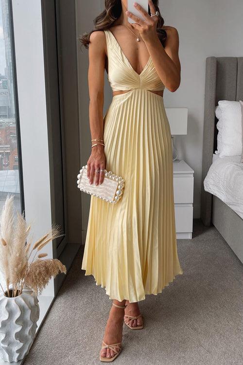 Reyanna™ | V Neck Cut Out Waist Sleeveless Pleated Maxi Dress