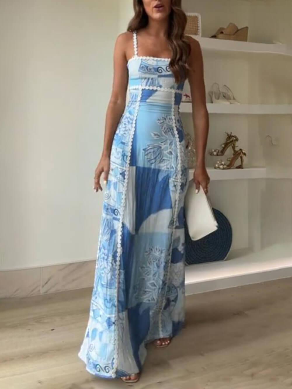 Reyanna™ | Halter Straps Lace Patchwork Printed Back Tie Halter Flare Maxi Dresses