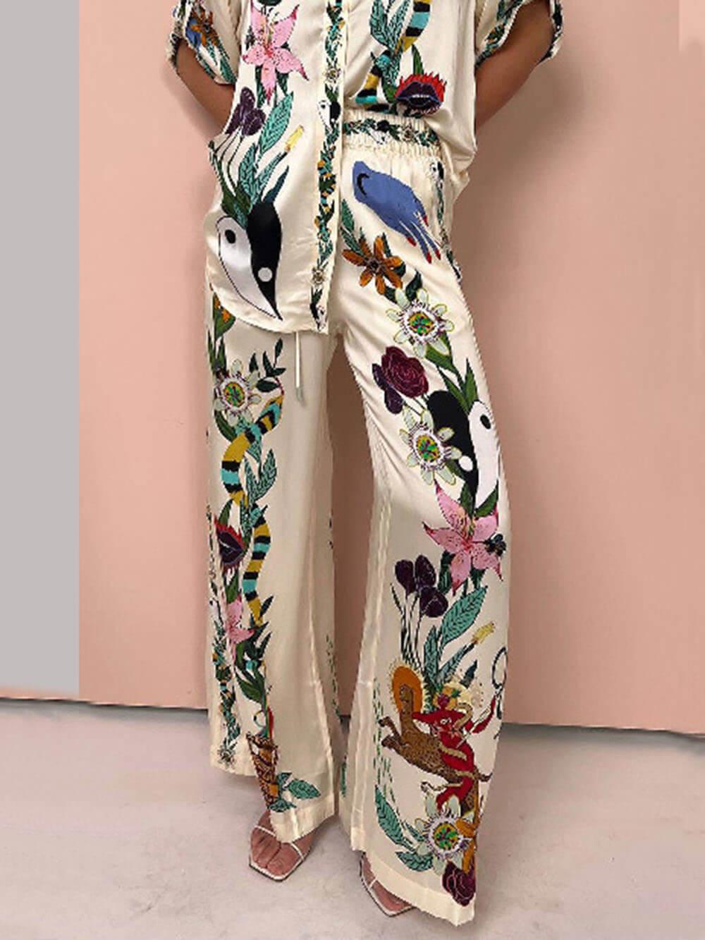 Reyanna™ | Satin Unique Print Elastic Waist Pocketed Wide Leg Pants