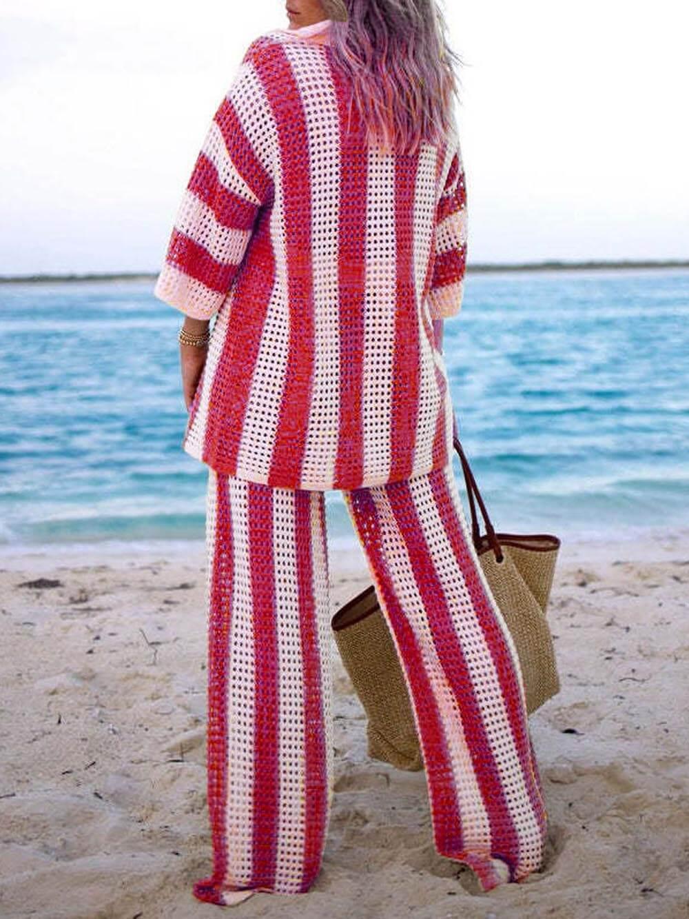 Reyanna™ | Loose V-Neck Fashion Hollow Out Striped Shirt Wide Leg Pants Set