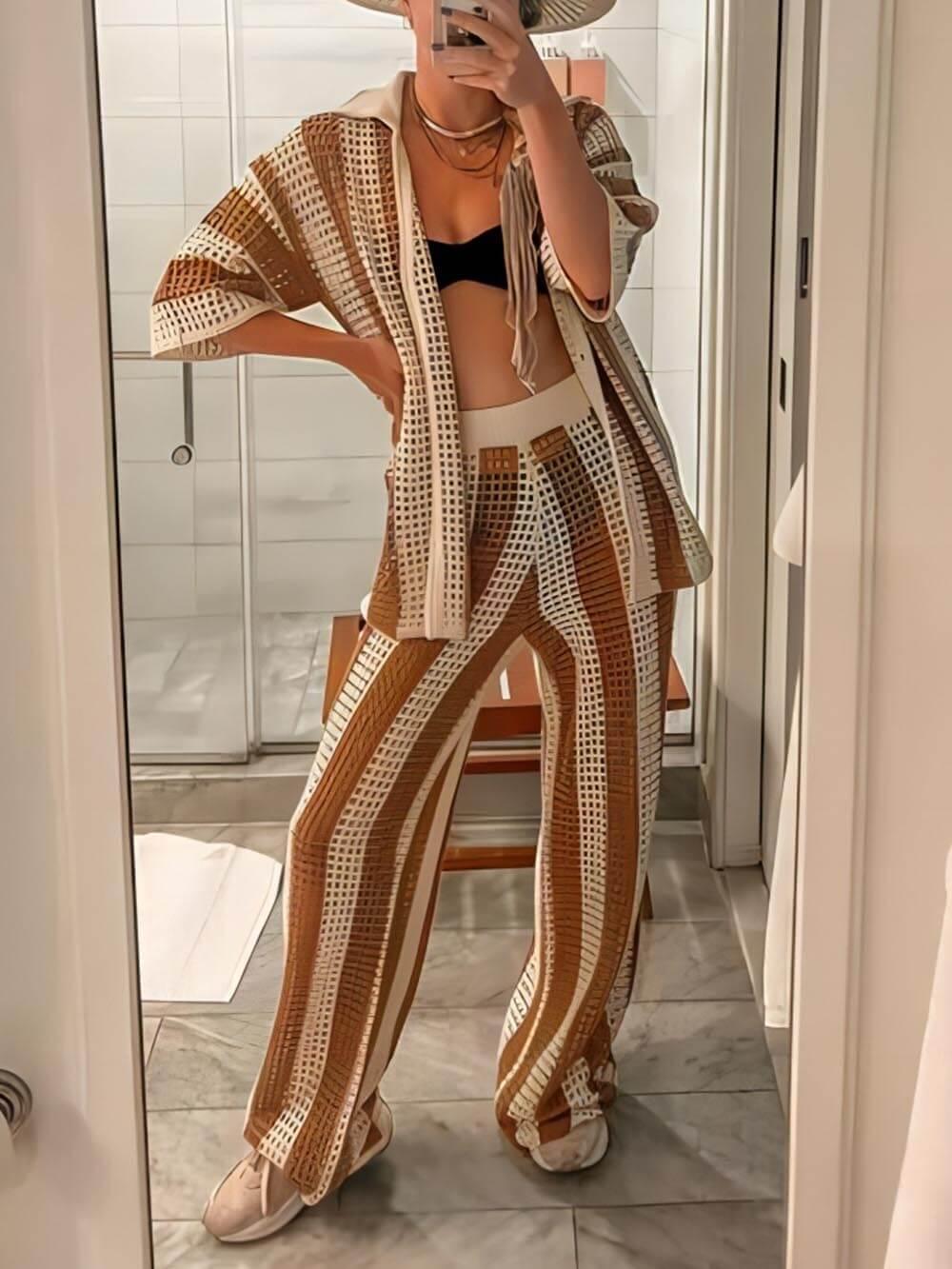 Reyanna™ | Loose V-Neck Fashion Hollow Out Striped Shirt Wide Leg Pants Set
