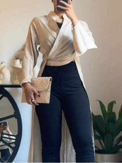 Reyanna™ | Satin stand-up collar and paneled back hem shirt
