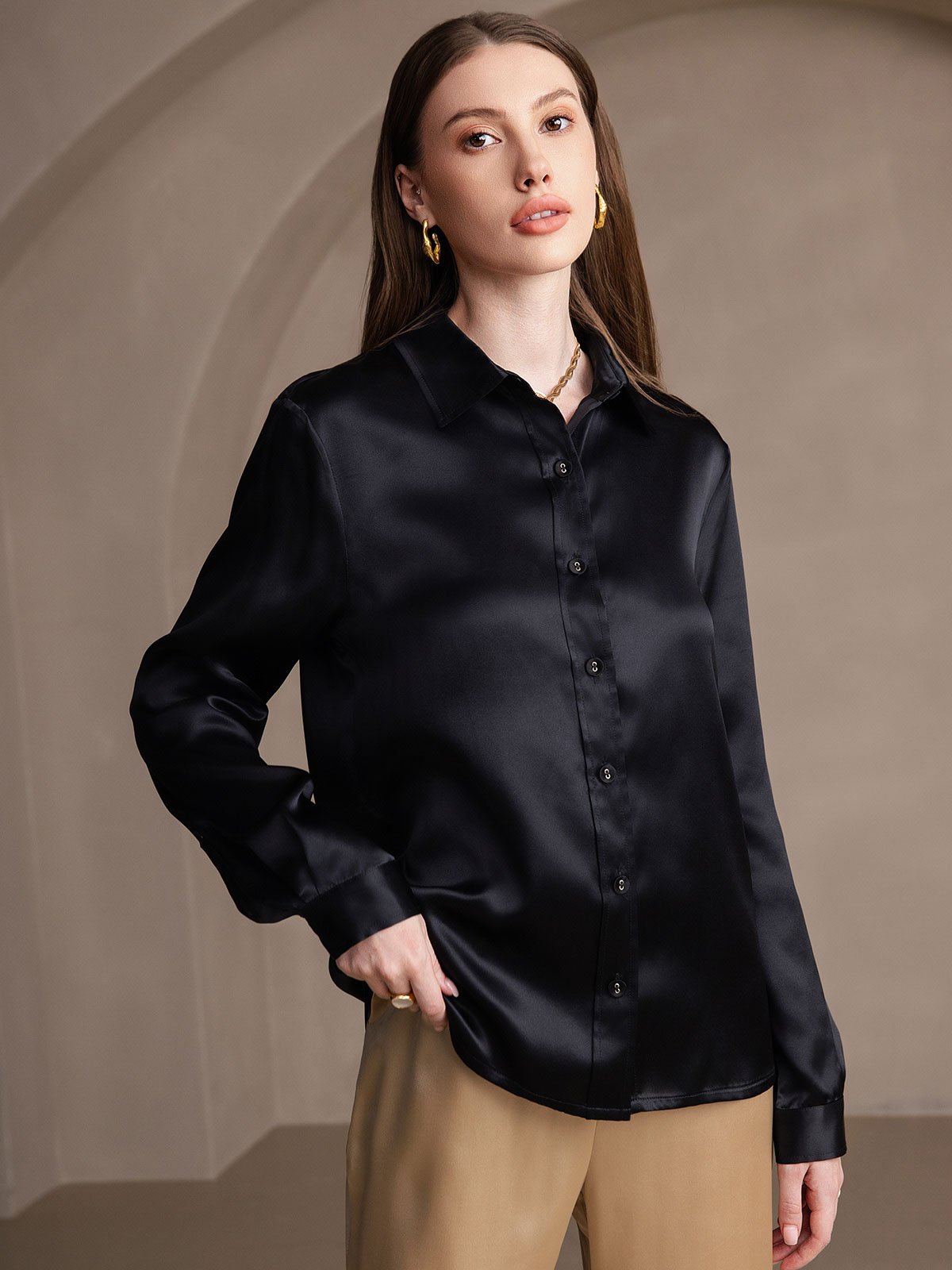 Dam 19 Momme Mulberry Silke Elegant Långärmad Skjorta