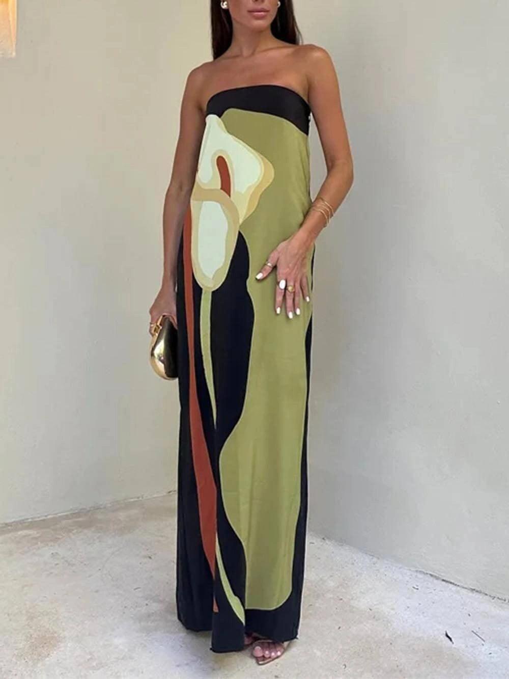 Reyanna™ | Strapless Color Block Printed Maxi Party Dress