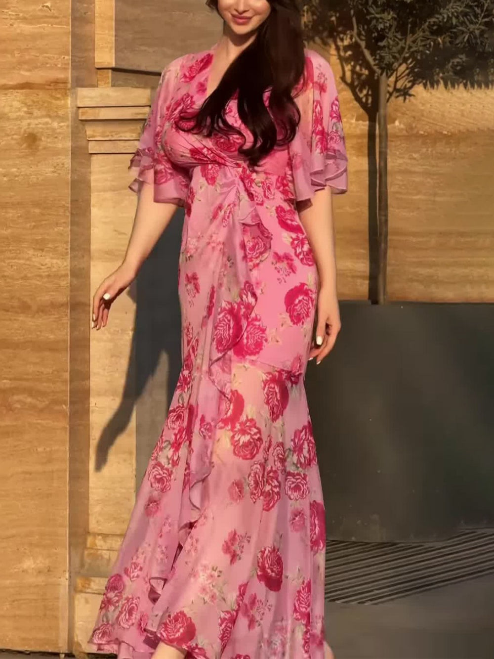 Reyanna™ | Retro V-neck trumpet sleeve printed dress