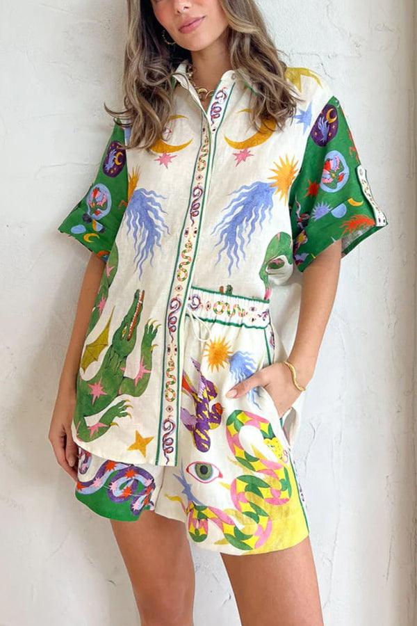 Reyanna™ | Days of Heaven Linen Blend Unique Print Blouse and Elastic Waist Pocketed Shorts Set