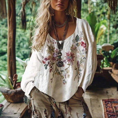 Vintage Blus Med Blommönster