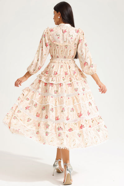 Reyanna™ | Floral Lantern Sleeve Buckle Midi Dress Yellow