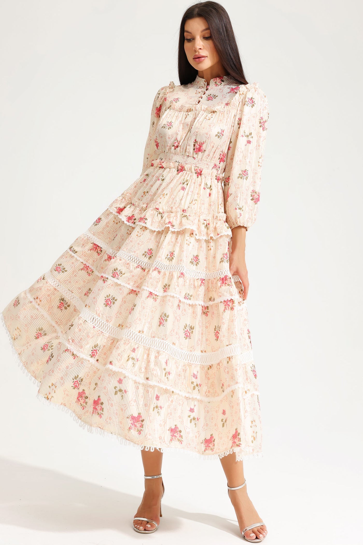 Reyanna™ | Floral Lantern Sleeve Buckle Midi Dress Yellow