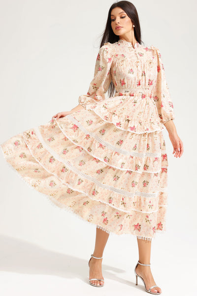 Reyanna™ | Floral Lantern Sleeve Buckle Midi Dress Yellow