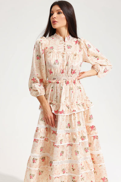 Reyanna™ | Floral Lantern Sleeve Buckle Midi Dress Yellow