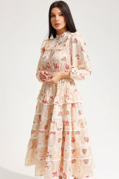 Reyanna™ | Floral Lantern Sleeve Buckle Midi Dress Yellow