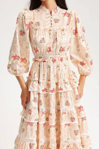 Reyanna™ | Floral Lantern Sleeve Buckle Midi Dress Yellow