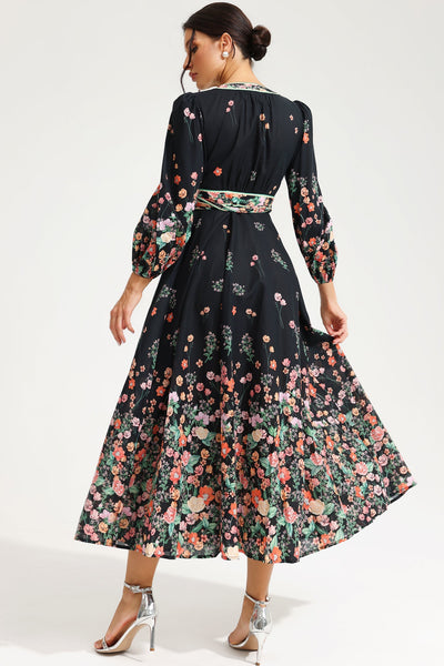 Reyanna™ | Floral Long Sleeve V-Neck Lace Up Midi Dress Black