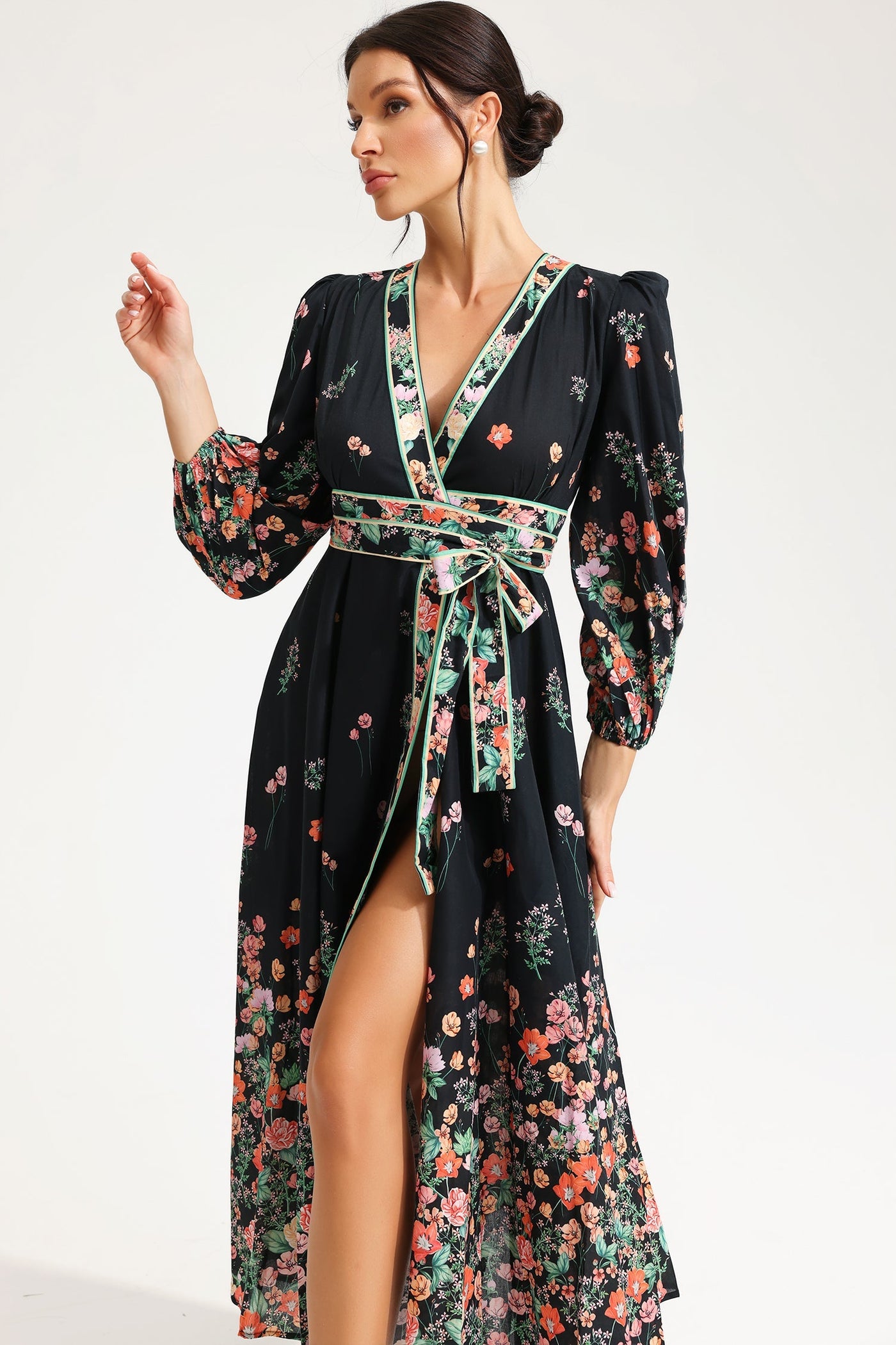 Reyanna™ | Floral Long Sleeve V-Neck Lace Up Midi Dress Black