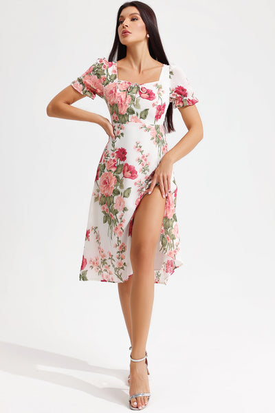 Reyanna™ | Floral Puff Sleeve Square Collar Slit Midi Dress