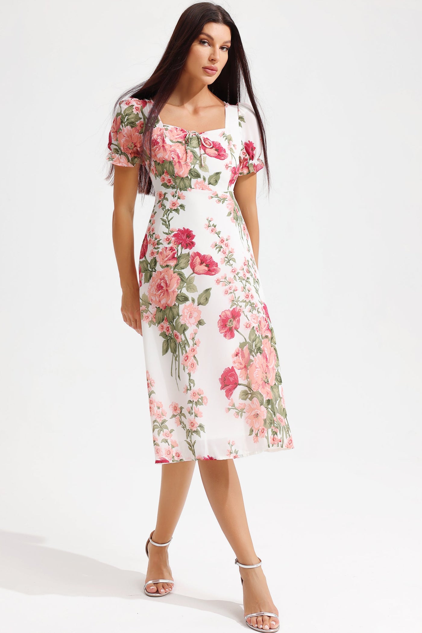 Reyanna™ | Floral Puff Sleeve Square Collar Slit Midi Dress