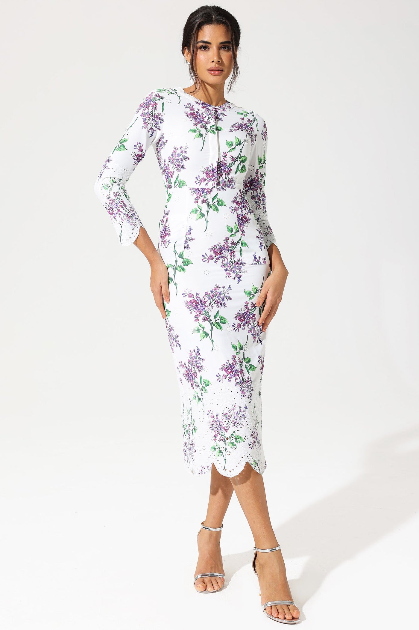 Reyanna™ | Floral Long Sleeve Crew Collar Broderie Anglaise Maxi Dress