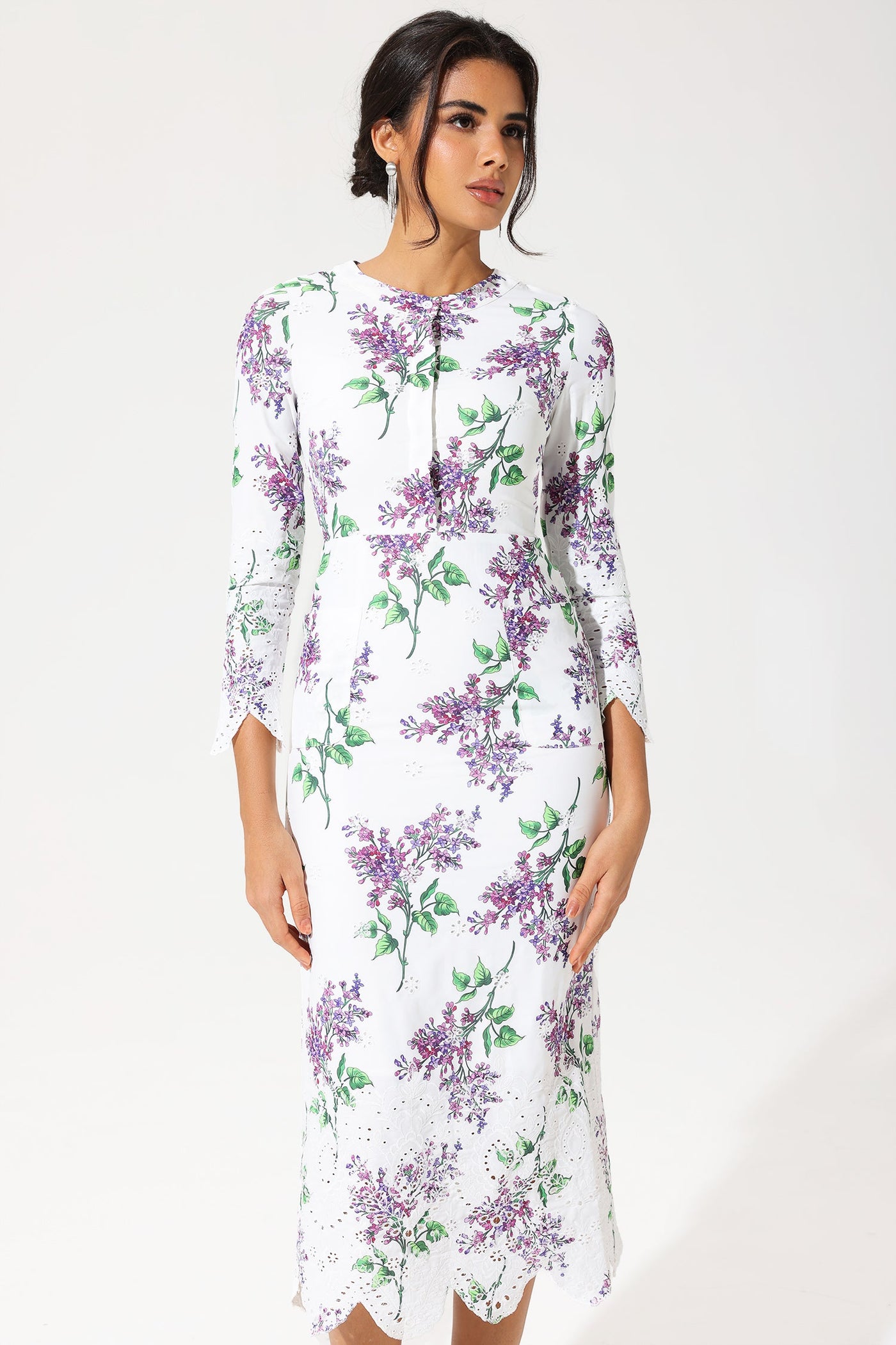 Reyanna™ | Floral Long Sleeve Crew Collar Broderie Anglaise Maxi Dress