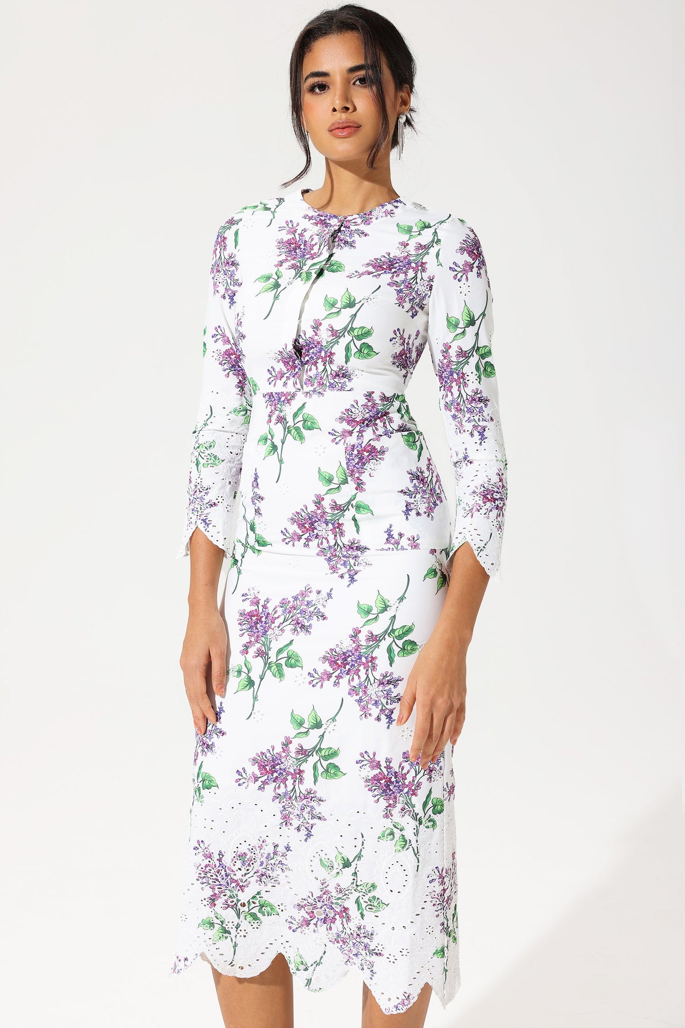 Reyanna™ | Floral Long Sleeve Crew Collar Broderie Anglaise Maxi Dress