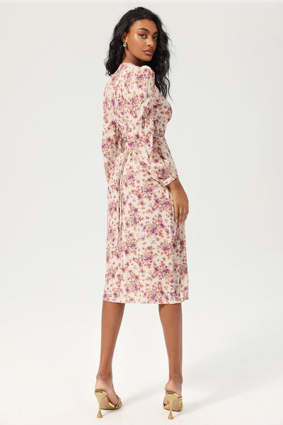 Reyanna™ | Floral Long Sleeve V-Neck Lace Up Split Midi Dress Purple